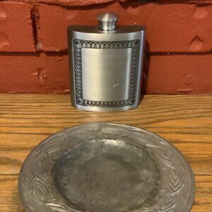 VINTAGE Selwin Pewter Flask + Trinket Plate
